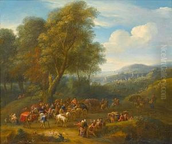 Travellers Merrymaking Outside A Country Inn, A Riverside Town Beyond; And Travellers On A Country Path, A Mountainous Landscape Beyond - view 1