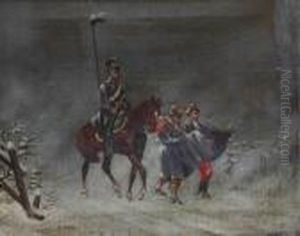 Preusischer Kavallerist Mit Zwei Franzosischen Gefangenen In Winterlandschaft by Christian Ii Sell