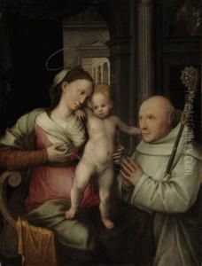 The Virgin And Child With A Cistercian Monk by Vincent Sellaer