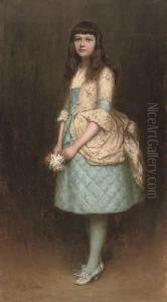 Portrait Of Eva Mackintosh, Full-length, In A Blue Dress With A Cream Flower Covered Bustle Swag And Bodice, Holding A Posy Of Flowers - view 1