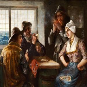 Three Fishermen And A Young Girl Playing Cards