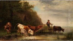 Junger Hirte Mit Rindern Am Flussufer Bei Der Tranke by Ludwig Sellmayr