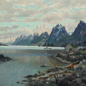 Norwegian Fiord With Houses And Boats by Conrad Selmyhr