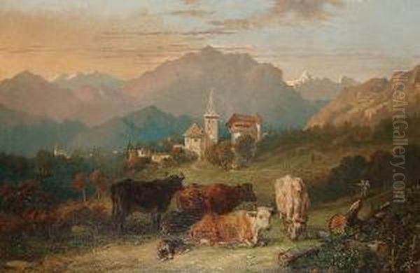 Tyrolean Scene With Cattle In The Foreground - view 1