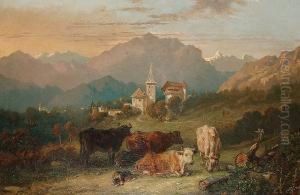 Tyrolean Scene With Cattle In The Foreground
