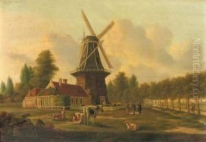 A Windmill Along A Tree Lined Lane by Jean Luis Sels