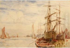 Anestuary Scene With Moored Ships And Barges by Frank Seltret