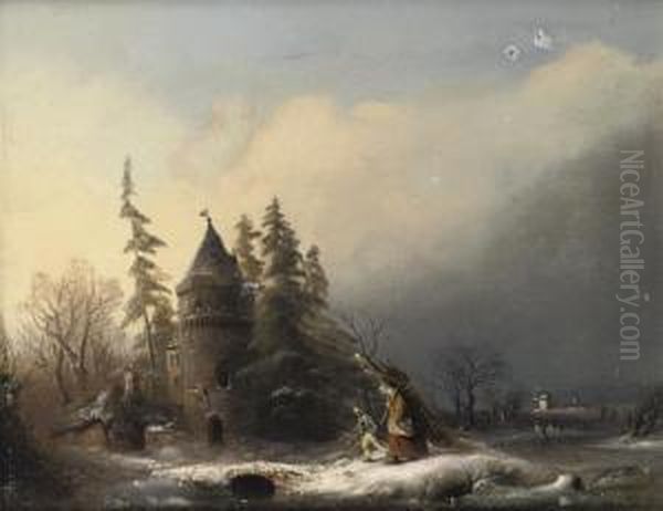 Travellers In A Winterlandscape By A Small Fort - view 1