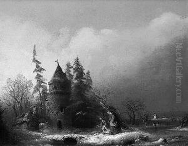 A. "reisigsammler In Winterlandschaft". Sign. Und Undeutl. Dat. Ol Auf Holz. 21,5 X 27,5 Cm. Rahmen - view 1
