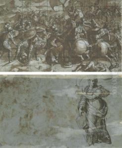 A Battle Between Cavalry And Infantry (recto); A Standing Femalefigure, Heavily Draped, Holding A Banner (verso) by Andrea Semino