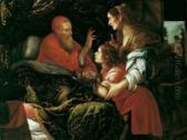 Isaak Segnet Jakob (i Mos. 27, 18-29). Im Beisein Der Rebekka Segnet Der Blinde Isaak Von Seinem Lager Den An Handen Und Hals Mit Tierfellen Bedeckten Jakob. - view 1