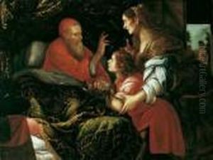 Isaak Segnet Jakob (i Mos. 27, 18-29). Im Beisein Der Rebekka Segnet Der Blinde Isaak Von Seinem Lager Den An Handen Und Hals Mit Tierfellen Bedeckten Jakob. by Fra Semplice Da Verona
