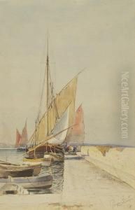 Boats At A Dock. by Prosper Louis Senat