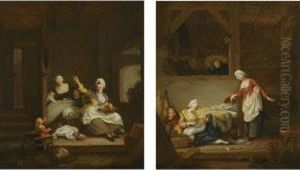 An Interior With A Mother Knitting, Watched By Her Children And Amaid by Jacques Albert Senave