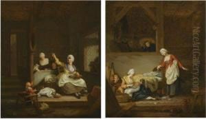 An Interior With A Mother Knitting by Jacques Albert Senave