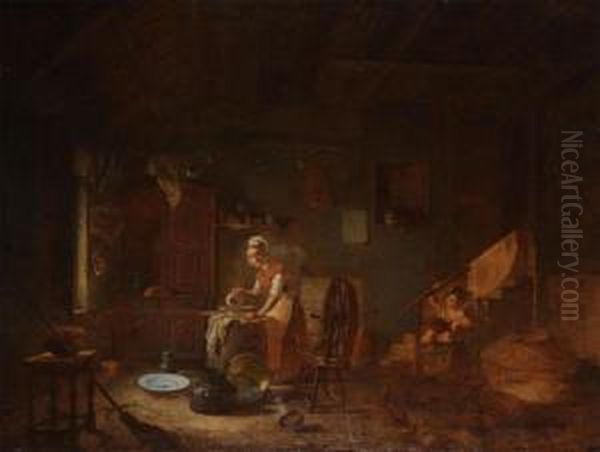 Farmer's Interior With Woman Washing And Child - view 1
