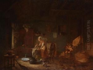 Farmer's Interior With Woman Washing And Child by Jacques Albert Senave