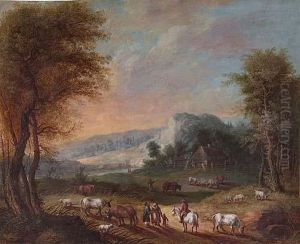 An Idyllic Landscape With A Farm And Figures Meeting On A Path by Jakob Christian Seng