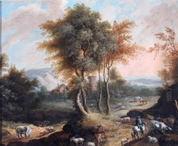 A Drover And Horsemen With Cattle And Sheep On A Wooded Track; Andtravellers With Cattle And Sheep In A Wooded River Landscape - view 1