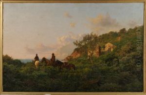 Men On Horseback Descending To A Rocky Shore by Pietro Senno