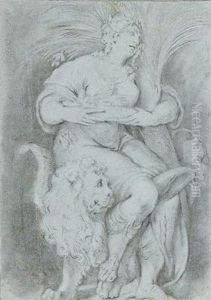 A Female Allegorical Figure And A Lion by Serafino Da Verona