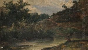 A Seated Figure Fishing By A River A Seated Figure Fishing By A River