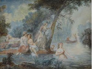Bathers In A River With Two Men In A Rowboat Behind