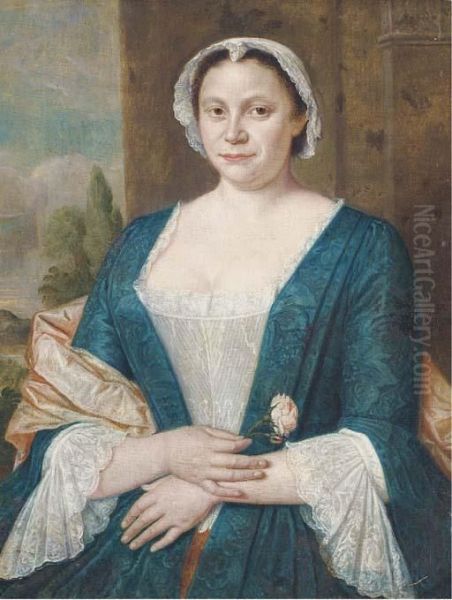 Portrait Of A Lady, Half-length, In A Blue And White Dress With Apink Shawl And White Cap, A Rose In Her Right Hand, A Landscapebeyond - view 1