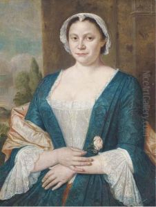 Portrait Of A Lady, Half-length, In A Blue And White Dress With Apink Shawl And White Cap, A Rose In Her Right Hand, A Landscapebeyond