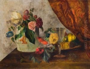 Composizione Con Fiori, Frutta E Bicchiere by Luigi Serralunga