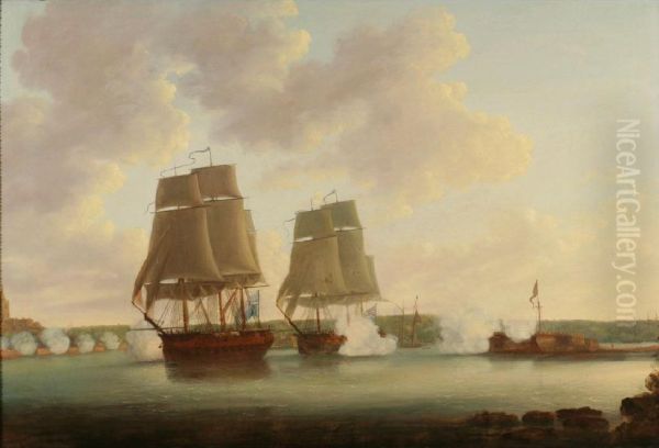 Thebattle Of Copenhagen, 
Showing British Ships Under Sailfiring At A Shoreline - view 1