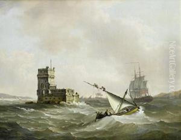 An English Frigate In Choppy Waters In The Tagus Passing The Belem Tower - view 1