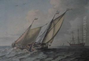 Sailing Craft On Opposite Courses Near Man-o'-war by John Thomas Serres