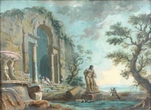 Dessinateur Au Milieu Des Ruines Antiques by Giovanni Niccolo Servandoni
