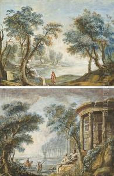 Personnages Dans Un Caprice Architectural; Et Personnage Au Bord De L'eau Dans Un Paysage Arbore - view 1