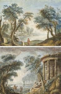 Personnages Dans Un Caprice Architectural; Et Personnage Au Bord De L'eau Dans Un Paysage Arbore by Giovanni Niccolo Servandoni