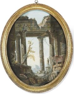 Two Capriccios Of Temple Ruins With Figures, With Landscapes Beyond by Giovanni Niccolo Servandoni
