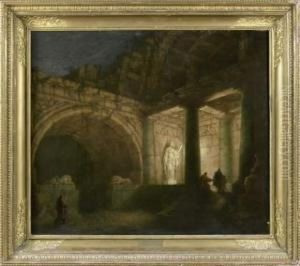 Visiteurs Eclairant Une Statue Dans Un Palais En Ruines