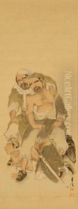 Depicting Kanshin Crawling Between The Legs Of Two Men by Setcho Keishun