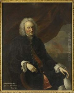 Three Quarter Length Portrait Of A Gentleman A Naval Engagement In The Background