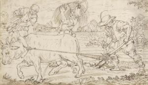 Pflugende Bauern Mit Ochsen Und Getreide Erntende Feldarbeiter. by Ercole Setti