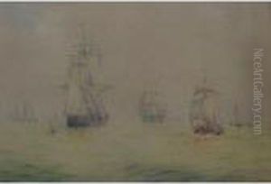 Ships In Full Sail On Calm Seas by William Frederick Settle