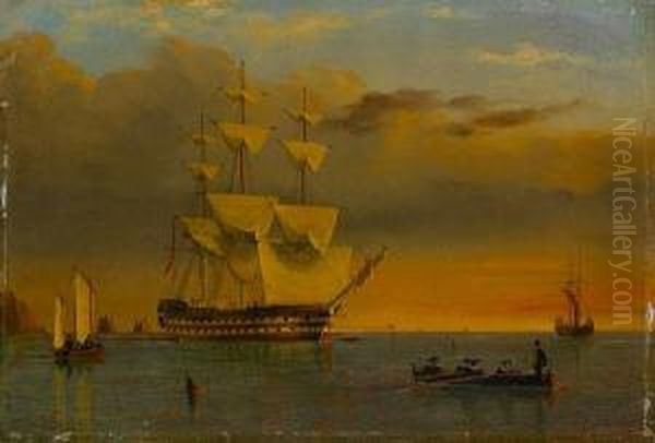 A British '74' Anchored Offshore And Dryingher Sails At Sunset - view 1