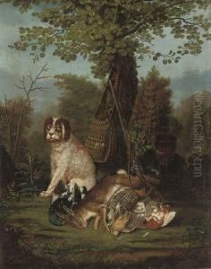A Wooded Clearing With A Huntsman At Rest With His Hound And A Deadhare, Woodcock And Other Birds by Johann Friedrich Seupel