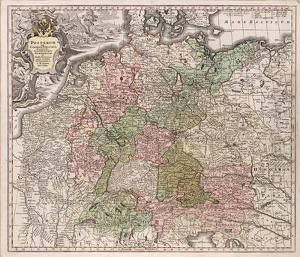 Teilkolorierte Radierung, Augsburg, Nach 1731, Bezeichnet: "postarum Seu Cursorum Publicorum Diverticula Et Mansiones Per Germaniam ... M. Seutteri S. M. C. Geogr. Aug. Vind.", Ca. 49 X 57 Cm, Gute Erhaltung - view 1