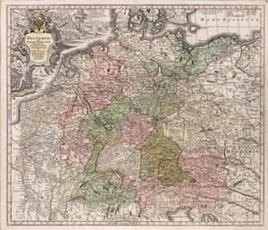 Teilkolorierte Radierung, Augsburg, Nach 1731, Bezeichnet: "postarum Seu Cursorum Publicorum Diverticula Et Mansiones Per Germaniam ... M. Seutteri S. M. C. Geogr. Aug. Vind.", Ca. 49 X 57 Cm, Gute Erhaltung