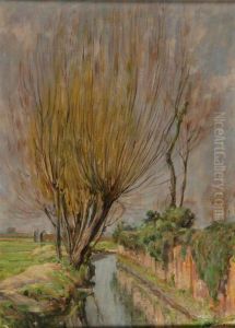 "canale Con Albero" Olio Su Panforte Firmato In Basso A Destra by Pompilio Seveso