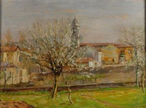"scorcio Di Paese Con Campanile" Olio Su Panforte Firmato In Basso A Destra, In Cornice