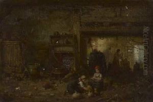 Magde Und Kinder In Bauerlichem Interieur by Eduard Gustav Seydel