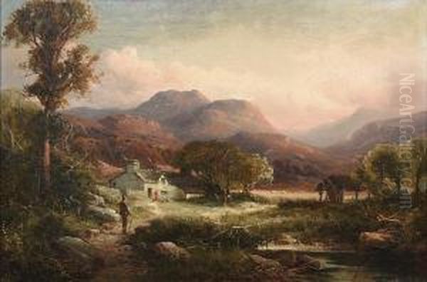 Figures On A Path In A Mountainous Landscape With A Cottage In The Distance - view 1